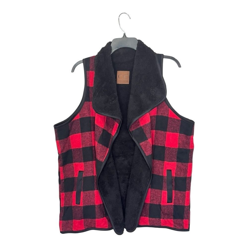 C.C. Exclusive | Red Black Buffalo Check Reversible Women's Sherpa Vest XL